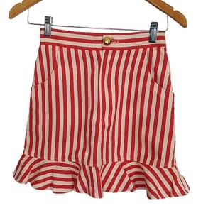 Anna Sui Pencil Skirt Red Stripes Ruffle Hem Size 2